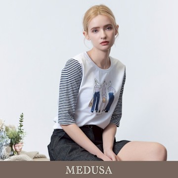 現貨【MEDUSA 曼度莎】可愛女孩插畫條紋拼袖T恤（M-XL）｜女短袖T恤 女休閒上衣 女上衣