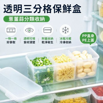 🔥臺灣出貨🥫透明三分格保鮮盒 帶蓋分格備菜盒 冰箱收納盒 蔥薑蒜分類盒 廚房密封盒 食材整理盒 長方形PP保鮮盒 冷