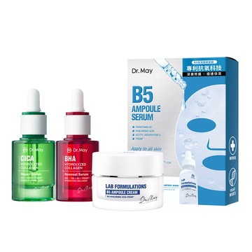 【Dr. May】美博士紅膠原色修煥膚精華(30ml)紅外泌/積雪草保濕修護精華(30ml)綠外泌_任選1件+B5玻尿酸保濕霜(30ml)+B5玻尿酸保濕面膜(4片/盒)