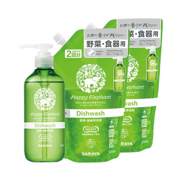 【日本 SARAYA】幸福小象 酵素食器蔬果洗潔精組300ml+補充包500ml x2