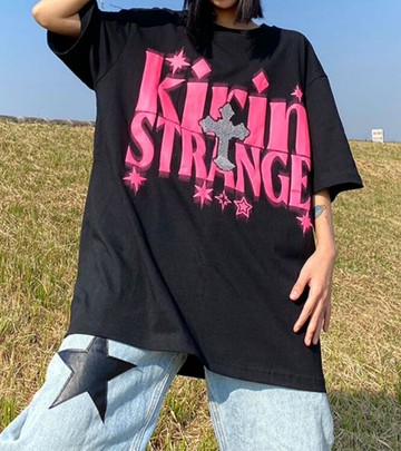 FINDSENSE X 韓潮 街頭時尚 燙鑽十字字母印花 寬鬆大尺碼 男士 短袖T恤 情侣T