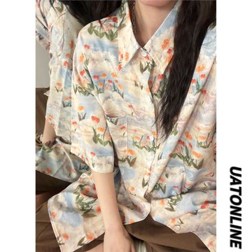 UATONLINE2025年夏季新款日系復古油畫郁金香滿印短袖襯衫上衣女