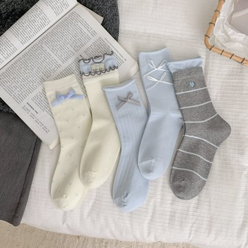 韓系ins蝴蝶結刺繡堆堆襪 春夏女襪 中筒襪 日系復古中筒韓版襪 襪子女 長襪女 可愛襪子 女襪子