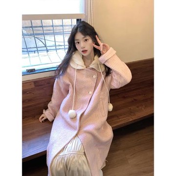 日系粉色娃娃領含羊毛呢外套女2025秋季學院風加厚中長款呢子大衣