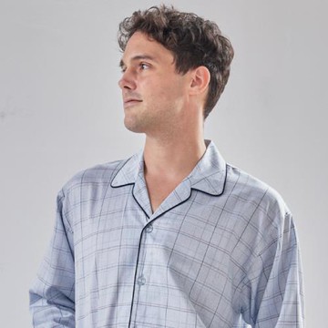 GOLDDEER金鹿 -青年中格夏季款100%棉國民領長袖褲裝睡衣-天空藍【M5303-50】