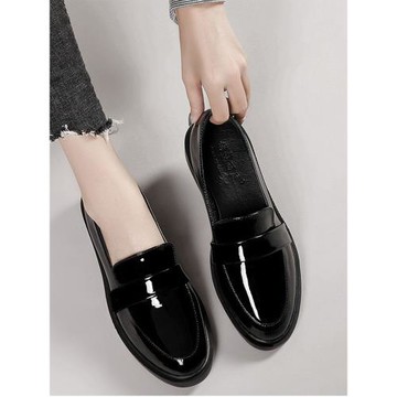 英倫風小皮鞋真皮女鞋黑色工作鞋中跟圓頭漆皮單鞋一腳蹬樂福鞋女