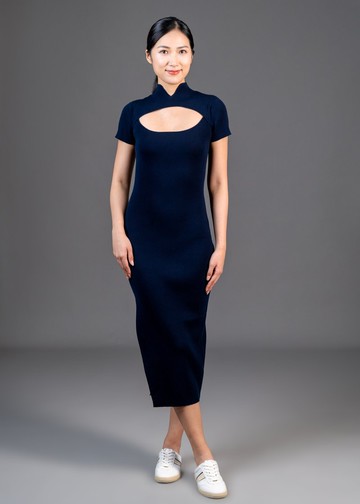 短袖鏤空側衩針織旗袍 (深藍色)