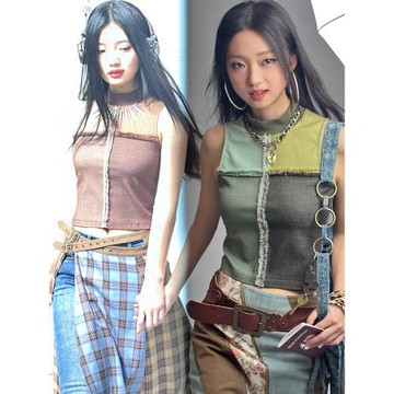 NextPassport 甜酷辣妹田字格牛仔拼接網紗半高領無袖背心吊帶T恤