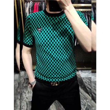 9379春夏針織衫青年時尚套頭個性男生潮流圓領格子短袖休閑百搭款