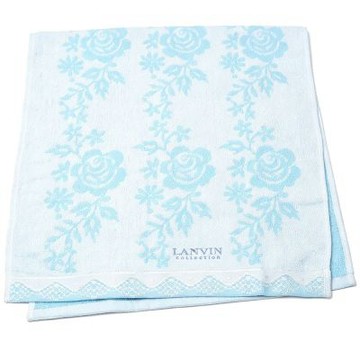 LANVIN 滿版淺藍玫瑰提花蕾絲圖紋邊字母LOGO刺繡長方巾(70CM)