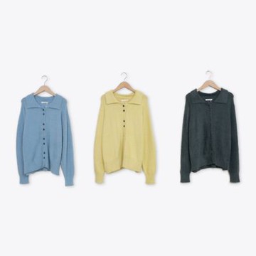 【MOSS CLUB】慵懶毛絨復古翻領雙釦針織上衣 藍 灰 黃(魅力商品)