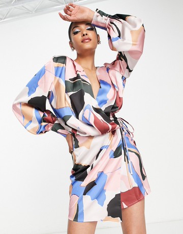ASOS DESIGN satin wrap mini dress with tie detail in abstract floral-Multi