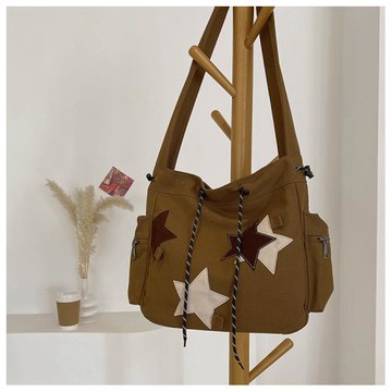 新款 圣誕系列美式復古星星女學生大容量通勤單肩斜挎包ins帆布包