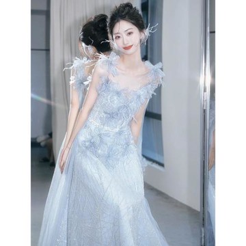 仙氣吊帶晚禮服主持人生日宴會成人禮藍色蓬蓬紗年會連衣裙高級感