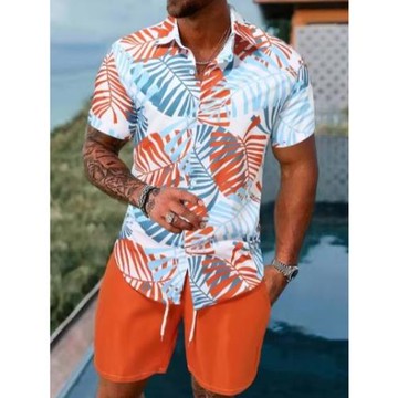 2024外貿歐碼夏季新款男式時尚潮流沙灘微彈輕薄休閑短袖短褲套裝