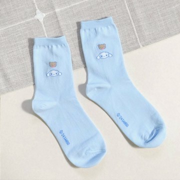 韓國三麗鷗迷你人物頭上小圖中筒襪-淺藍底大耳狗小熊