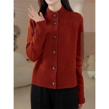 紅色長袖立領針織衫女士開衫外套半高領單排扣毛織上衣外搭毛衣dm