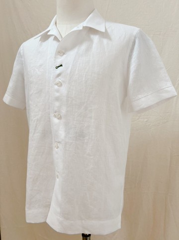 男士白色亞麻襯衫：手繪抽綉、古巴領、短袖