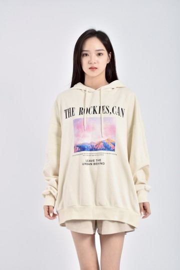 (F) net質感棉質連帽抽繩印花內刷毛白色長袖上衣