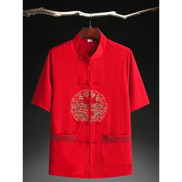 中國風紅色唐裝2025夏季男士短袖中年加肥大碼中袖寬松棉麻上衣男