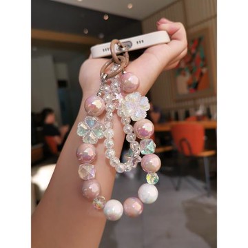 手機掛繩短款四葉草水晶手機雙鏈條手腕繩女款ins風掛飾網紅同款炫彩圓珠掛鏈防丟繩防摔結實耐用小掛件