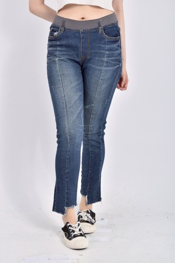 (2XL) gori高腰丹寧牛仔棉質鬆緊腰藍色長褲