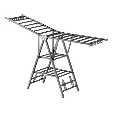 【AOTTO】翼型三層附輪折疊曬衣架(晾衣架 曬衣架 衣架)灰色