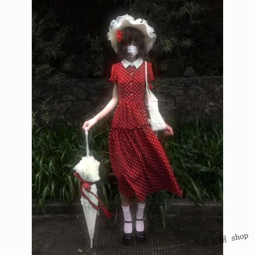 🍉復古古早感波點連衣裙女夏季新款設計感小個子復古拼接顯瘦長裙子