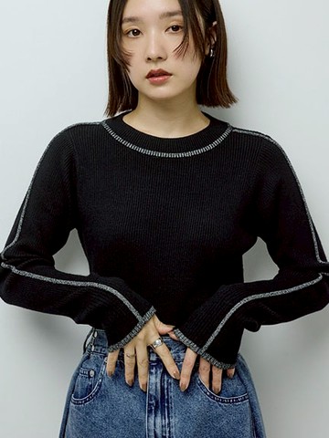 閃閃條紋邊框羅紋針織上衣(06000752300) - Green Parks