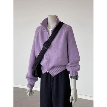 翻領紫色高級感超好看打底衫內搭上衣小個子針織開衫外套毛衣女裝