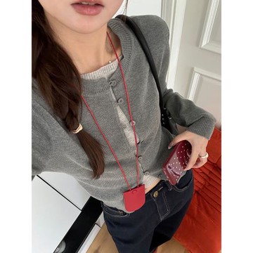 多巴胺撞色假兩件圓領針織開衫女秋冬復古高級灰色休閑打底毛線衣