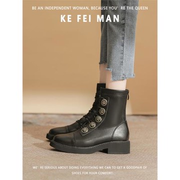 【珂菲曼】鈕扣內增高馬丁靴女秋ins潮英倫風黑色厚底短靴小個子