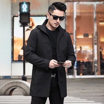 [米蘭精品] 風衣外套休閒大衣-黑色長款防皺春秋男外套73yw26