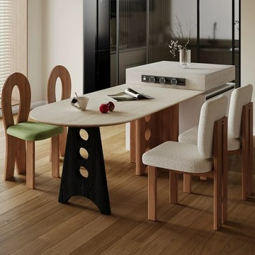 【含稅/免運】 中古風餐桌現代小戶型家用法式洞石巖板客廳靠墻實木餐桌椅組合