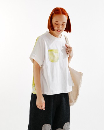 蝙蝠袖拼接白T  獨家印花library款