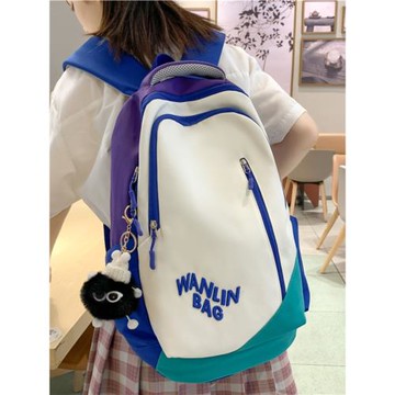 書包女初中生小眾設計感拼色大容量背包高中生大學生韓版雙肩包男