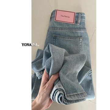 淺藍色窄版高腰牛仔褲女冬大碼胖mm直筒寬松闊腿褲美式垂感長褲子