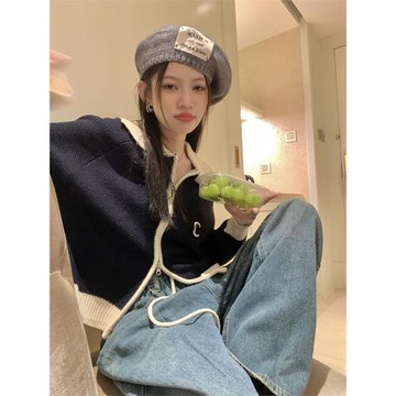 韓系高級慵懶風毛衣外套女秋冬季短款寬松設計感刺繡外搭針織開衫