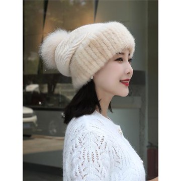 水貂毛兔毛針織皮草帽子女冬雙層加絨保暖護耳貂皮秋冬季百搭毛線