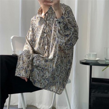 港風復古腰果花襯衫男長袖高級感垂感墜感冰絲薄款設計感小眾襯衣