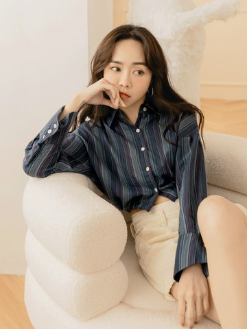 棉麻混紡直條紋收腰綁帶短版襯衫罩衫