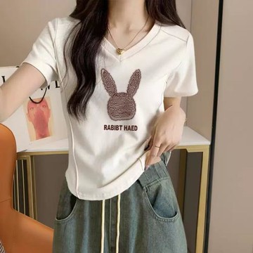 V領純棉不規則白色短款短袖t恤女2023年夏季新款設計感小眾洋氣潮