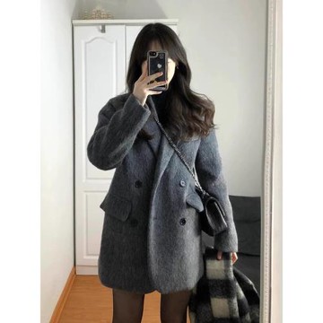 黑灰色短款西裝毛呢外套女2025秋冬新款小個子羊毛羊絨呢子大衣