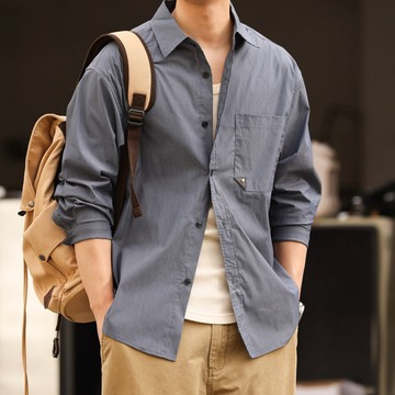 Wuluwear 美式休閒細條紋長袖襯衫男微寬落肩初秋疊穿小外套襯衫潮