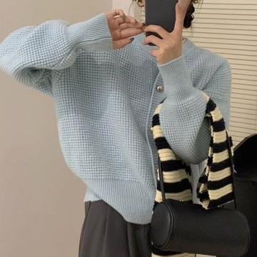 針織外套長袖毛衣-圓領鬆餅格小金扣女外套7色74ik85【米蘭精品】【獨家進口】