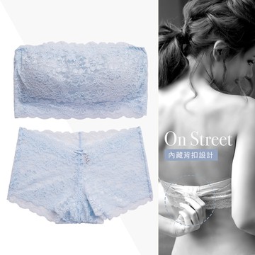 FLORA LOVELY 無鋼圈 蕾絲平口小可愛成套-藍色