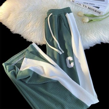 春秋華夫格褲子直筒休閑長褲簡約拼接闊腿褲美式寬松運動褲衛褲潮