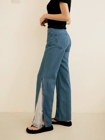 棉質褲管撞色拼接開衩牛仔寬褲