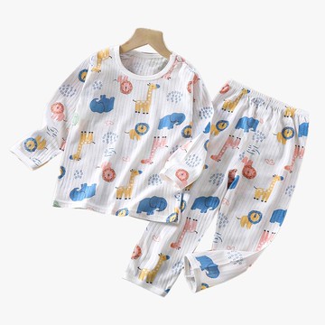 WarmNest - 純棉網眼透氣長袖家居服套裝-動物園-白色