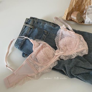 仙女蕾絲法式少女內衣大胸顯小兔耳朵純欲超薄蕾絲無鋼圈內衣文胸